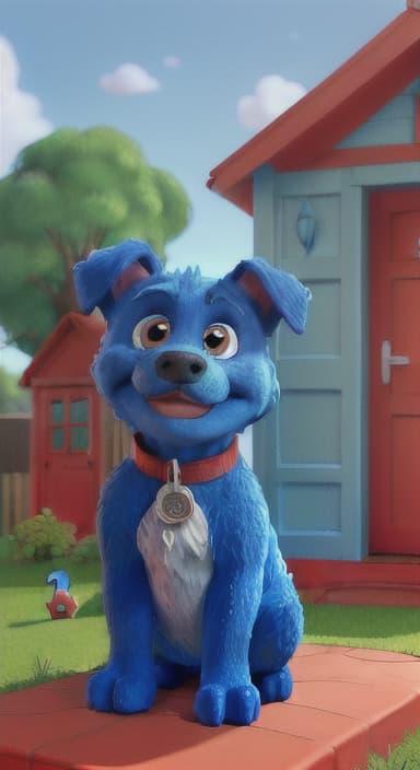  {Max the big blue dog standing in front of a cozy little house with a red door, The big blue dog is large with sky blue fur, big round eyes, a black nose, and floppy ears.