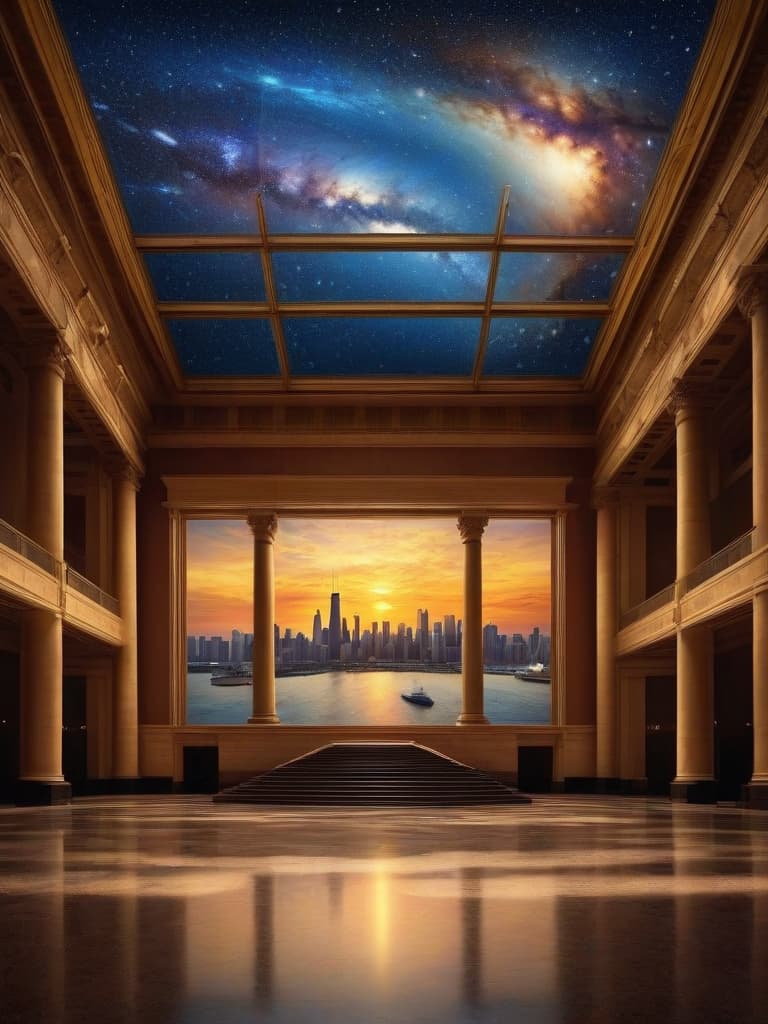  create image. Hyper realistic, Chicago's Museum Campus, Shedd Aquarium, Planetarium and Musem of Natural History, in the style of starry, starry night by Van Gogh, intricate details, epic flambient golden sunrise, dramatic lighting, highly detailed, epic composition, wide angle, cinematic,