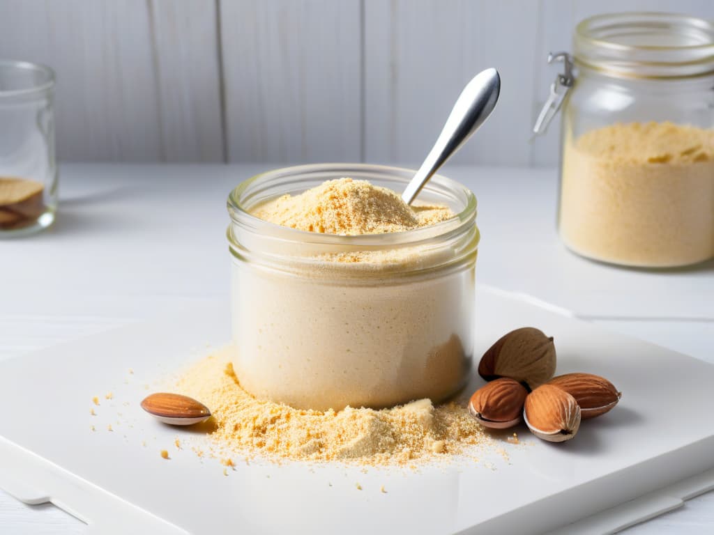  A minimalist image of a pristine white kitchen counter with an elegant glass jar filled with fine, powdery almond flour, surrounded by a scattering of whole almonds and a sleek silver measuring spoon. The natural light gently illuminates the scene, creating soft shadows and highlighting the texture of the almonds. The simplicity of the composition conveys a sense of purity and quality, appealing to the professional and healthconscious audience interested in incorporating almond flour into their glutenfree baking endeavors. hyperrealistic, full body, detailed clothing, highly detailed, cinematic lighting, stunningly beautiful, intricate, sharp focus, f/1. 8, 85mm, (centered image composition), (professionally color graded), ((bright soft diffused light)), volumetric fog, trending on instagram, trending on tumblr, HDR 4K, 8K