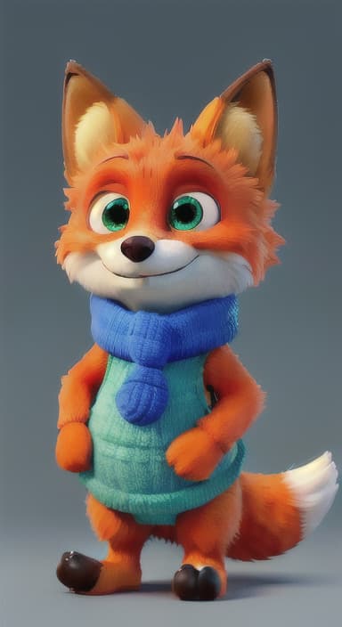  {Error the fox pressing the blue button with his paw, looking puzzled as nothing occurs., Error is a small, bright orange fox with a fluffy tail and big, inquisitive eyes. He has a mischievous yet kind expression and wears a tiny green scarf.