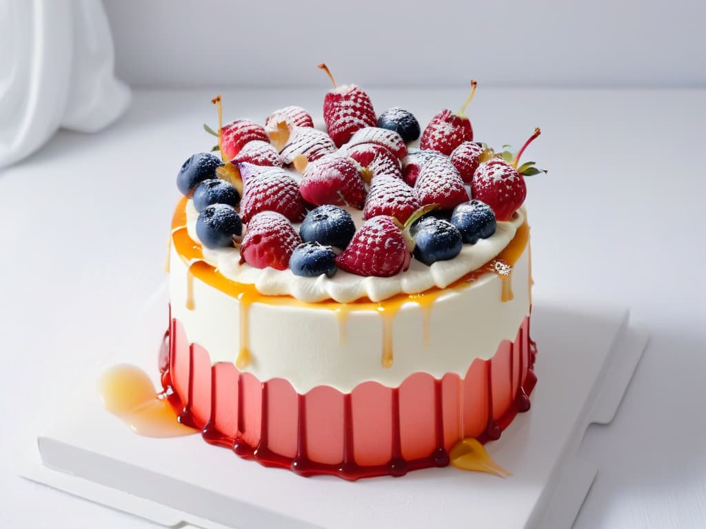  An intricately designed minimalist cake topped with fresh berries and drizzled with honey, set against a clean white backdrop. hyperrealistic, full body, detailed clothing, highly detailed, cinematic lighting, stunningly beautiful, intricate, sharp focus, f/1. 8, 85mm, (centered image composition), (professionally color graded), ((bright soft diffused light)), volumetric fog, trending on instagram, trending on tumblr, HDR 4K, 8K