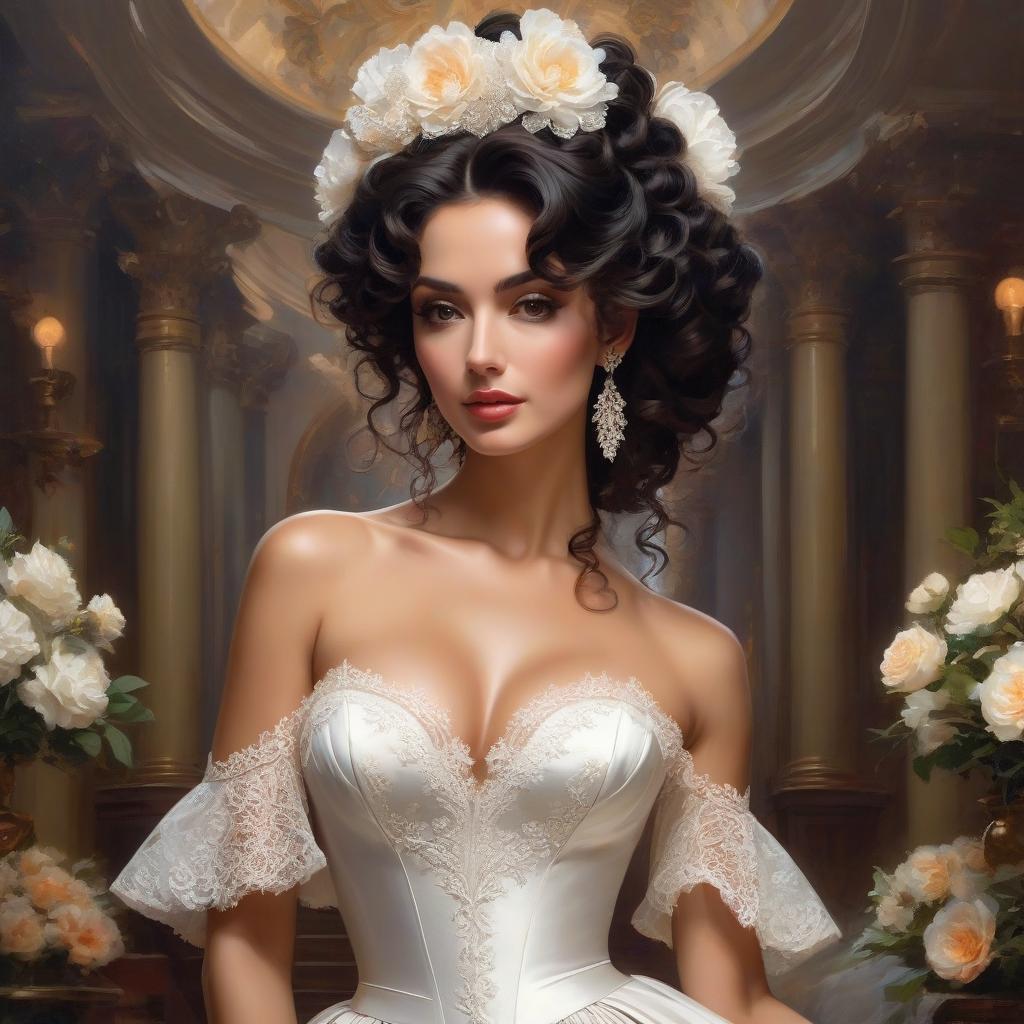  A masterpiece. Very beautiful girl with black curls gathered upwards. Beautiful hairstyle. White wedding fitted dress with lace. Elegance. Very beautiful dress. Brown eyes. Happy look. No pomp, just elegance. Realism, rococo, surrealist abstraction. Alfonso Mucha, Honoré Fargonard. hyperrealistic, full body, detailed clothing, highly detailed, cinematic lighting, stunningly beautiful, intricate, sharp focus, f/1. 8, 85mm, (centered image composition), (professionally color graded), ((bright soft diffused light)), volumetric fog, trending on instagram, trending on tumblr, HDR 4K, 8K