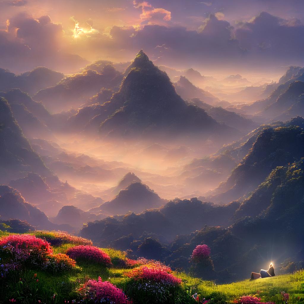  A masterpiece of gratitude theme creative painting, showing the best quality and ultra-detailed visuals. This 8k resolution artwork depicts a serene natural landscape with a vibrant sunset. The main subject of the scene is a grateful woman ((kneeling on a grassy hill)), embracing the beauty of nature. Surrounding her, there are colorful flowers ((blossoming in full bloom)), symbolizing gratitude and joy. The sky is filled with wispy clouds ((forming the shape of a heart)), representing love and appreciation. The warm sunlight casts a golden glow over the scene, creating an atmosphere of tranquility and thankfulness. hyperrealistic, full body, detailed clothing, highly detailed, cinematic lighting, stunningly beautiful, intricate, sharp focus, f/1. 8, 85mm, (centered image composition), (professionally color graded), ((bright soft diffused light)), volumetric fog, trending on instagram, trending on tumblr, HDR 4K, 8K
