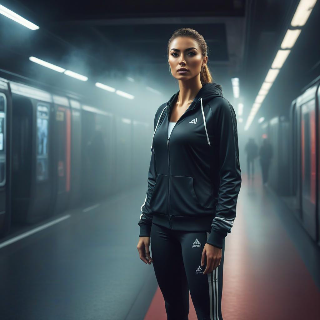  A girl of full height in sports attire at the metro hyperrealistic, full body, detailed clothing, highly detailed, cinematic lighting, stunningly beautiful, intricate, sharp focus, f/1. 8, 85mm, (centered image composition), (professionally color graded), ((bright soft diffused light)), volumetric fog, trending on instagram, trending on tumblr, HDR 4K, 8K