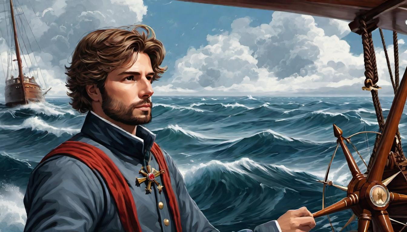  digital illustration, Figure at ship's helm, choosing paths between turbulent and calm waters, symbolizing decision making in emotional turbulence, contemplative, resolve, looking at viewer, dynamic pose, (intricate details, masterpiece, best quality)