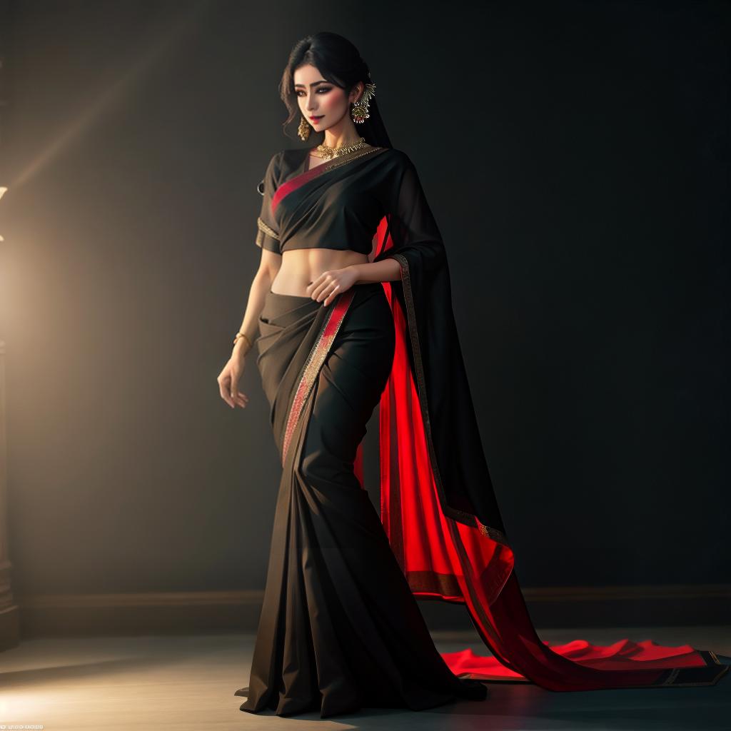   in black saree red s hyperrealistic, full body, detailed clothing, highly detailed, cinematic lighting, stunningly beautiful, intricate, sharp focus, f/1. 8, 85mm, (centered image composition), (professionally color graded), ((bright soft diffused light)), volumetric fog, trending on instagram, trending on tumblr, HDR 4K, 8K