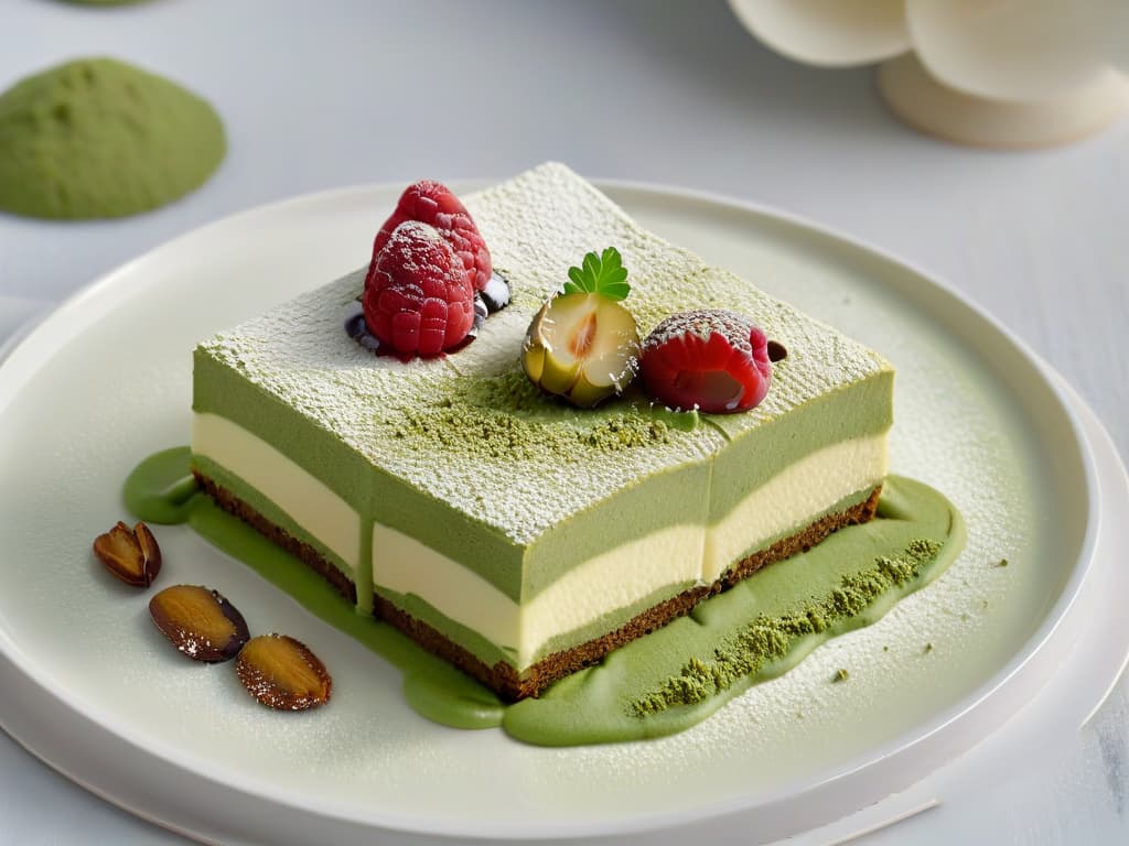  An ultradetailed closeup of a decadent slice of tiramisu de matcha on a sleek, modern plate. The dessert is meticulously garnished with a dusting of vibrant green matcha powder, delicate white chocolate shavings, and a single fresh raspberry on top. The creamy layers of mascarpone cheese and sponge fingers soaked in matchainfused espresso are clearly visible, showcasing the luxurious texture and rich flavors of this gourmet dessert. The background is softly blurred to keep the focus solely on the exquisite details of the tiramisu, creating a visually stunning and mouthwatering minimalist composition. hyperrealistic, full body, detailed clothing, highly detailed, cinematic lighting, stunningly beautiful, intricate, sharp focus, f/1. 8, 85mm, (centered image composition), (professionally color graded), ((bright soft diffused light)), volumetric fog, trending on instagram, trending on tumblr, HDR 4K, 8K