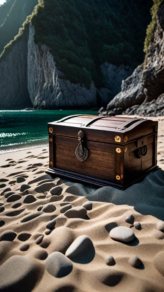  (A serene cove surrounded by towering cliffs and dense forests, with a full moon illuminating the beach. In the center of the image, Eli is digging in the sand, having uncovered an ancient wooden chest filled with carved bones, silver amulets, and weathered scrolls the artifacts that tell the history of the pirate queen and her reign.) hyperrealistic, full body, detailed clothing, highly detailed, cinematic lighting, stunningly beautiful, intricate, sharp focus, f/1. 8, 85mm, (centered image composition), (professionally color graded), ((bright soft diffused light)), volumetric fog, trending on instagram, trending on tumblr, HDR 4K, 8K