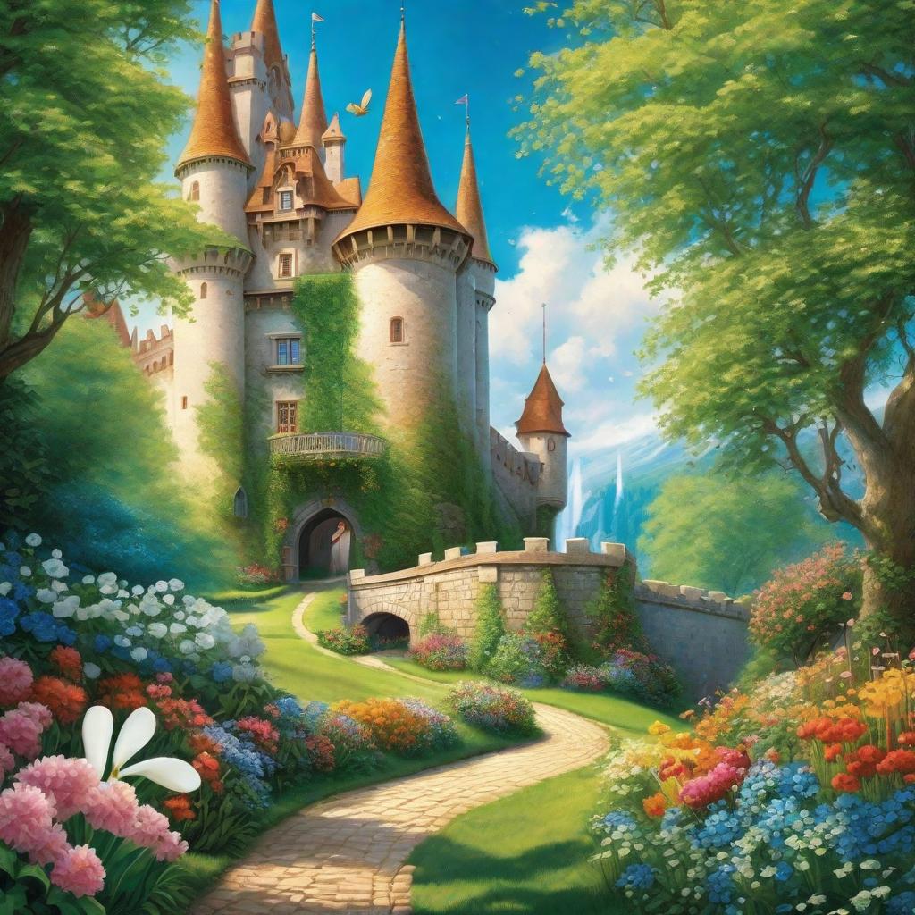  Prompt Description: In this scene, we see a vint, fairytale castle with high, swooping towers reaching the sky and soft, creamy white walls, standing brightly in a lush green landscape under a sparkling, cerulean blue sky. Flowers of every color are scattered all around the well paved path leading to the castle gate, and an , fluffy white rabbit or two can be spotted hiding amongst the blooms. Standing at the edge of the path is our main character, a young named Itdal. She has cascading, dark hair and she's dressed in a simple but elegant light gown, with a bright, excited sparkle in her eyes as she tightens the grip on the handle of her suitcase. She is at the cusp of embarking on a journey towards the castle, set hyperrealistic, full body, detailed clothing, highly detailed, cinematic lighting, stunningly beautiful, intricate, sharp focus, f/1. 8, 85mm, (centered image composition), (professionally color graded), ((bright soft diffused light)), volumetric fog, trending on instagram, trending on tumblr, HDR 4K, 8K