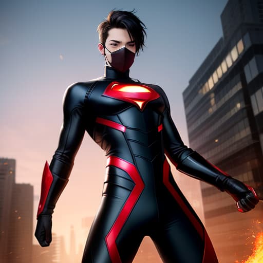  young male, medium hight, short black hair, blue eyes, thin toned body, superhero, fire powers, black and red suit with a mask, ((best quality)), ((masterpiece)), highly detailed, absurdres, HDR 4K, 8K