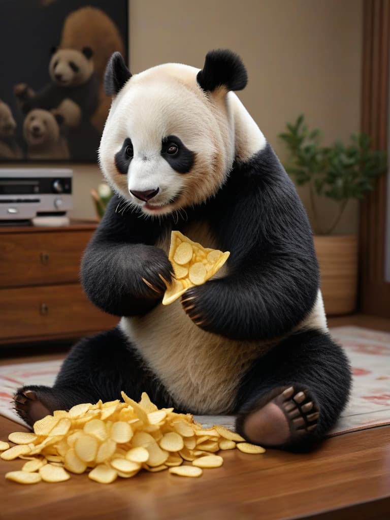  masterpiece, best quality, official art, extremely detailed cg 8k, a panda bear eating chips wearing black pajamas with bears on it