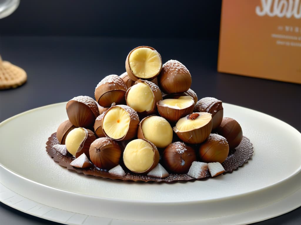  An ultradetailed image of a perfectly arranged stack of gourmet macadamia nuts, showcasing their unique round shape and creamy color against a sleek, dark background. Each nut is perfectly polished, highlighting the smooth texture and natural shine of these premium ingredients. The lighting is expertly crafted to create a striking contrast that emphasizes the elegance and sophistication of macadamia nuts, making them the perfect focal point for highend dessert recipes. hyperrealistic, full body, detailed clothing, highly detailed, cinematic lighting, stunningly beautiful, intricate, sharp focus, f/1. 8, 85mm, (centered image composition), (professionally color graded), ((bright soft diffused light)), volumetric fog, trending on instagram, trending on tumblr, HDR 4K, 8K