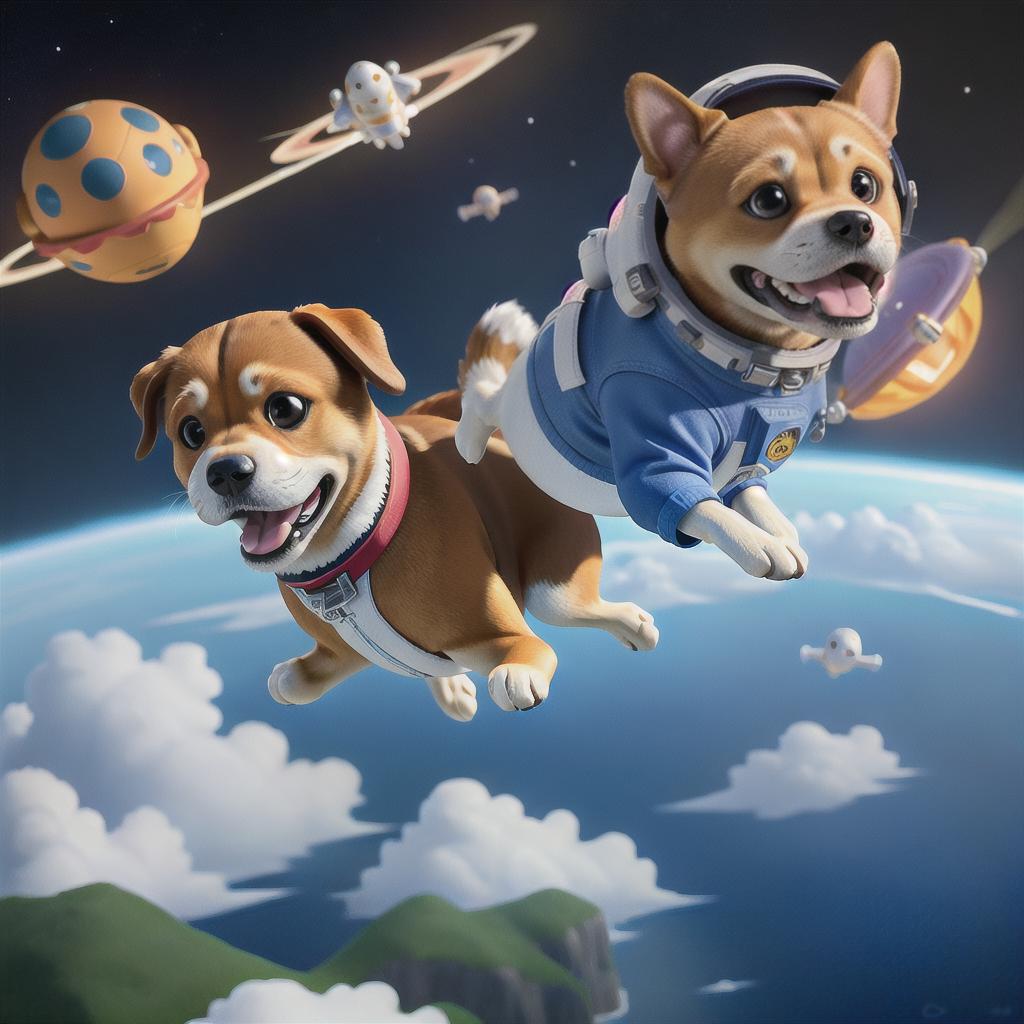  masterpiece, best quality, DOG FLYING IN SPACE