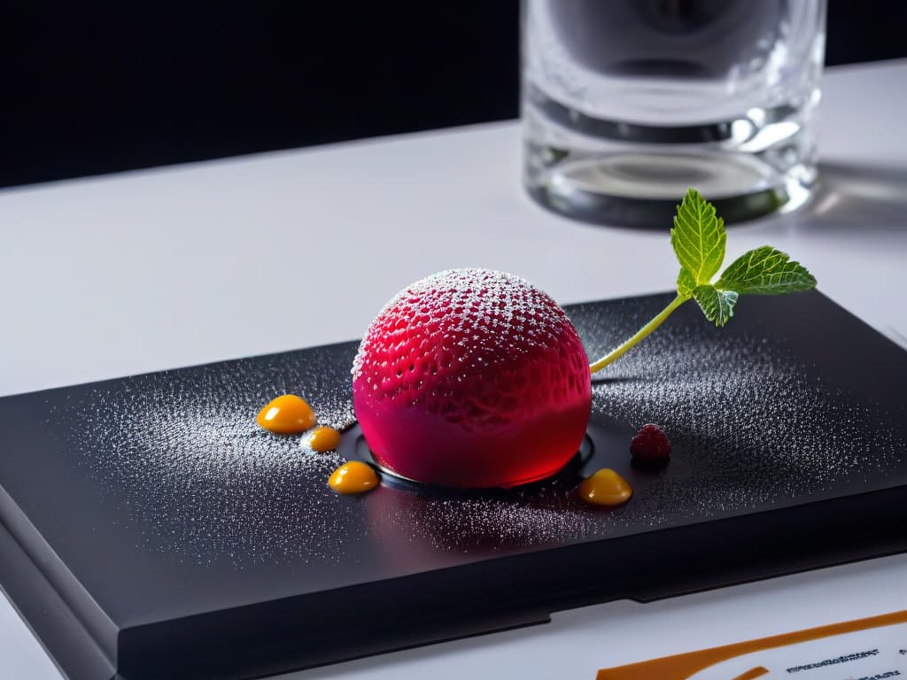  A closeup, ultradetailed image of a delicate, transparent sphere of spherification containing a burst of vibrant, liquid raspberry coulis encapsulated within a thin, gellike membrane. The sphere sits elegantly on a sleek, matte black plate, glistening under soft, focused lighting that highlights the intricate details of the molecular gastronomy dessert. The background is blurred to emphasize the precision and artistry of the dessert, creating a visually striking and minimalistic composition that perfectly represents the fusion of science and flavor in molecular pastry. hyperrealistic, full body, detailed clothing, highly detailed, cinematic lighting, stunningly beautiful, intricate, sharp focus, f/1. 8, 85mm, (centered image composition), (professionally color graded), ((bright soft diffused light)), volumetric fog, trending on instagram, trending on tumblr, HDR 4K, 8K