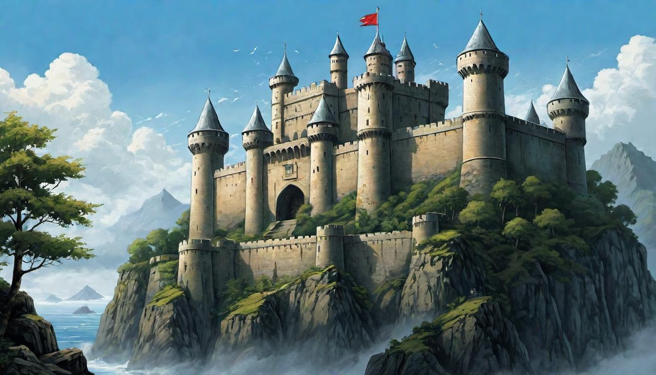  （surrealism)A mighty fortress, towering and fortified, banners fluttering in the breeze, symbol of strength and leadership, imposing, grand, resilience mystic, intricate details, best quality)