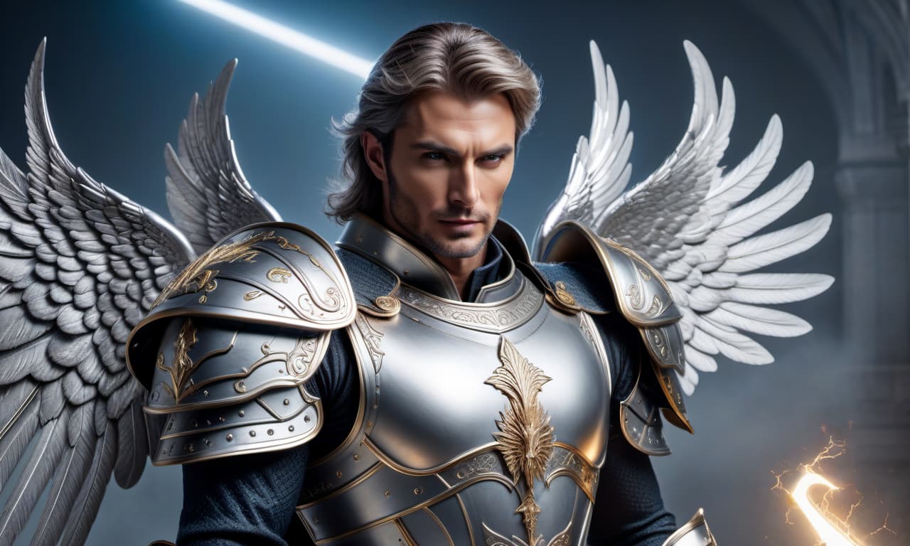  Luxury product style An angel, a man, in heavy silver armor, has metallic wings between which silver lightning runs, standing tall, he holds a heavy castle shield in his right hand and a straight double edged sword in his left. 4k . Elegant, sophisticated, high end, luxurious, professional, highly detailed hyperrealistic, full body, detailed clothing, highly detailed, cinematic lighting, stunningly beautiful, intricate, sharp focus, f/1. 8, 85mm, (centered image composition), (professionally color graded), ((bright soft diffused light)), volumetric fog, trending on instagram, trending on tumblr, HDR 4K, 8K