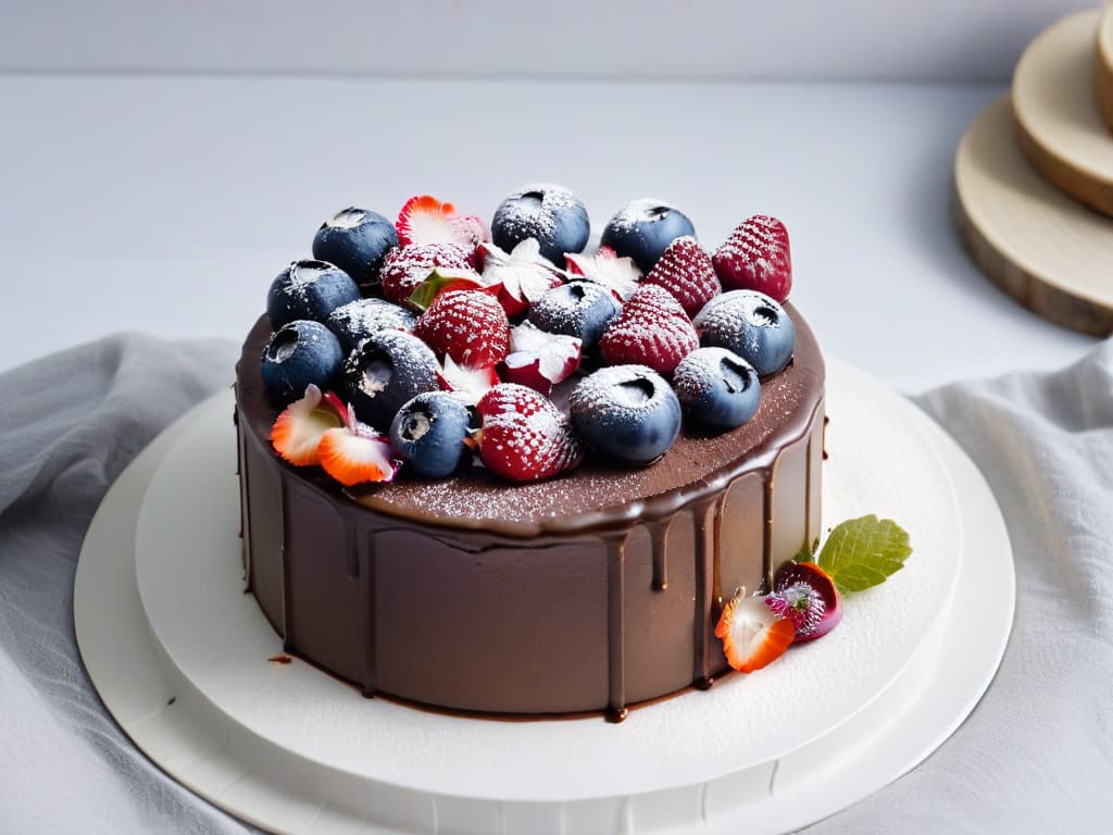  A sleek, minimalist image of a decadent vegan chocolate cake topped with fresh berries and edible flowers, presented on a simple white ceramic plate against a soft grey background. The cake is perfectly sliced, showcasing its rich, moist texture and intricate layers, while the vibrant colors of the berries and flowers add a pop of natural beauty to the elegant composition. hyperrealistic, full body, detailed clothing, highly detailed, cinematic lighting, stunningly beautiful, intricate, sharp focus, f/1. 8, 85mm, (centered image composition), (professionally color graded), ((bright soft diffused light)), volumetric fog, trending on instagram, trending on tumblr, HDR 4K, 8K