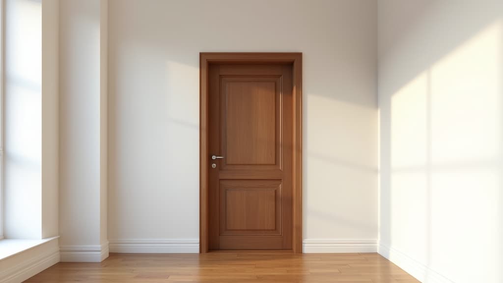  good quality, high quality, an elegant brown wooden door set against pure white walls in a minimalist interior with hardwood flooring, highlighted by soft ambient lighting and architectural details