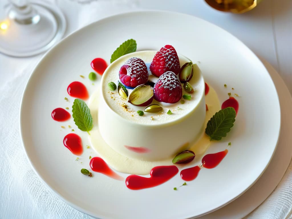  An intricately detailed photorealistic image of a creamy, perfectly set panna cotta elegantly plated on a delicate, vintageinspired saucer. The dessert is garnished with a vibrant, fresh raspberry coulis drizzle, a sprinkle of finely chopped pistachios, and a few plump, ripe berries on the side. The lighting is soft, casting gentle shadows that highlight the smooth texture of the dessert and the glossy sheen of the coulis. The background features a blurred kitchen setting with hints of elegant utensils and a touch of greenery, adding to the sophisticated and enticing presentation. hyperrealistic, full body, detailed clothing, highly detailed, cinematic lighting, stunningly beautiful, intricate, sharp focus, f/1. 8, 85mm, (centered image composition), (professionally color graded), ((bright soft diffused light)), volumetric fog, trending on instagram, trending on tumblr, HDR 4K, 8K