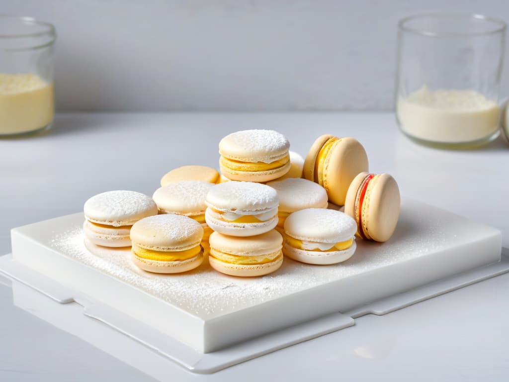  A closeup, ultradetailed image of a pristine white marble countertop with meticulously arranged key ingredients for making perfect French macarons: almond flour, powdered sugar, egg whites, and vanilla beans. Each item is perfectly aligned in small glass bowls, showcasing a sleek and elegant minimalistic style that conveys precision and sophistication in macaron preparation. hyperrealistic, full body, detailed clothing, highly detailed, cinematic lighting, stunningly beautiful, intricate, sharp focus, f/1. 8, 85mm, (centered image composition), (professionally color graded), ((bright soft diffused light)), volumetric fog, trending on instagram, trending on tumblr, HDR 4K, 8K