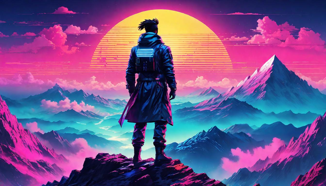  vaporwave,cyberpunk game style A solitary figure on a mountain peak, horizon stretching before them, awakening to purpose, clarity of vision, breath of the journey, realization of potentialeon, dystopian, futuristic, digital, vibrant, detailed, high contrast, reminiscent of cyberpunk genre video games,retro aesthetic, cyberpunk, vibrant, neon colors, vintage 80s and 90s style, highly detailed