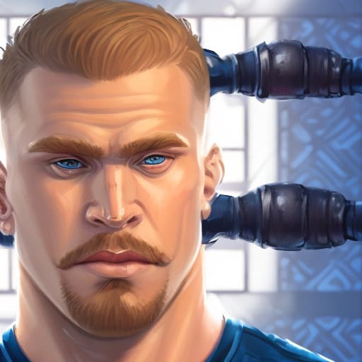 portrait+ style Russian queer strongman blonde hunk dude face