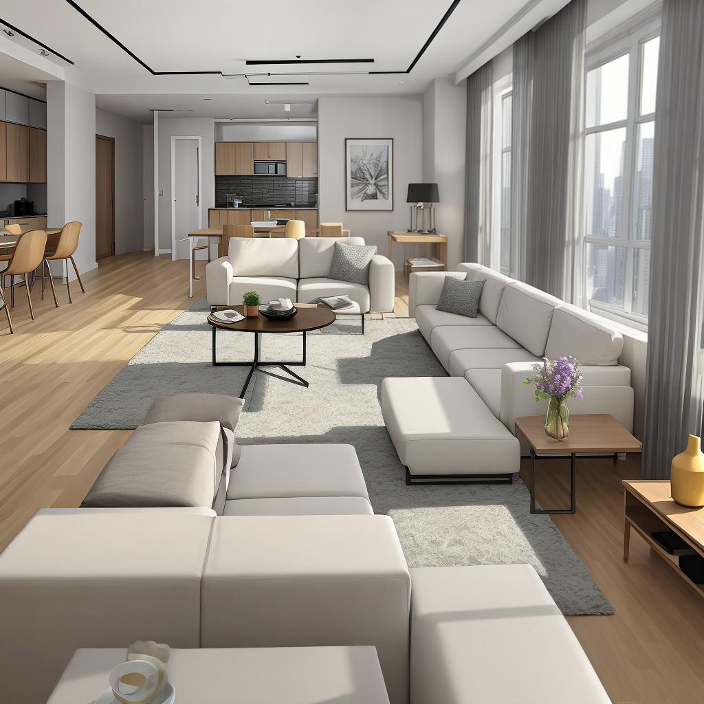  masterpiece, best quality, best quality, masterpiece, 8k resolution, high resolution apartment Living room concept art with floor-to-ceiling windows and modern furniture