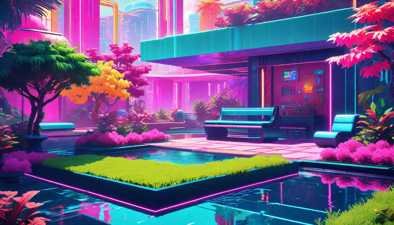  vaporwave,cyberpunk game style Garden with well watered and tended plots, each containing rejuvenating activities and relationships. Garden vibrant, cultivation evident, ambiance of nurture, plot of rejuvenation.eon, dystopian, futuristic, digital, vibrant, detailed, high contrast, reminiscent of cyberpunk genre video games,retro aesthetic, cyberpunk, vibrant, neon colors, vintage 80s and 90s style, highly detailed