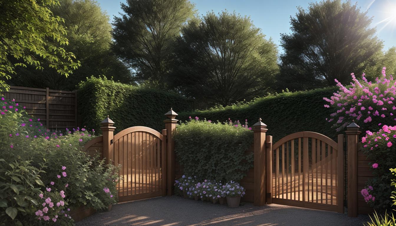  cinematic, aesthetic, A sturdy wooden fence, partially open gate, garden blooming behind it, sunlight streaming through, sense of protection, boundaries, balance, 4k, HDR, lens flare