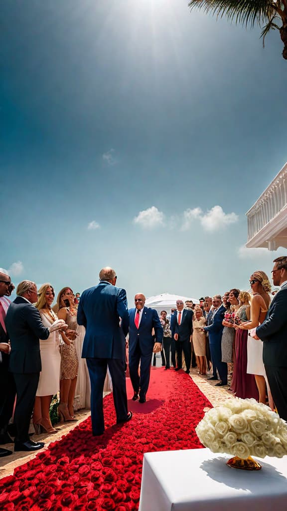  (A formal notice being served to Rudy Giuliani, the former mayor of New York City, during his 80th birthday party in Palm Beach, Florida. The scene depicts two agents of the Arizona Attorney General's Office approaching Giuliani as he is leaving the party, with a crowd of guests visibly upset by the timing of the service. The setting is a lavish private event venue in Palm Beach, with elegant decor and a large group of attendees celebrating Giuliani's birthday.) hyperrealistic, full body, detailed clothing, highly detailed, cinematic lighting, stunningly beautiful, intricate, sharp focus, f/1. 8, 85mm, (centered image composition), (professionally color graded), ((bright soft diffused light)), volumetric fog, trending on instagram, trending on tumblr, HDR 4K, 8K