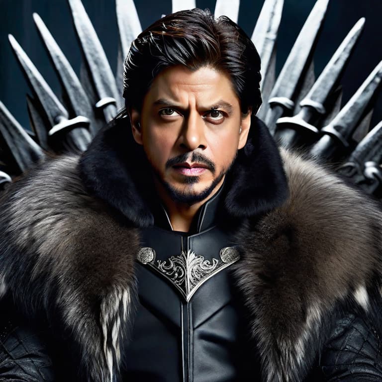  Subject Detail: The image depicts Shah Rukh Khan, a Bollywood actor known for his charm, as Jon Snow from the popular TV series "Game of Thrones," seated on the iconic Iron Throne. Shah Rukh Khan is dressed in Jon Snow's ensemble, including a fur-lined black cloak and a leather tunic with silver details. His expressive eyes, slightly rugged facial features, and famous dimples are instantly recognizable. Medium: This artwork will be a digital art illustration. Art Style: The art style will be a hyper-realistic representation, capturing every minute detail and texture. Image Type: This will be a highly detailed illustration. Resolution and Focus: The image will be in ultra-HD resolution (4K), with a sharp focus on Shah Rukh Khan's face and th