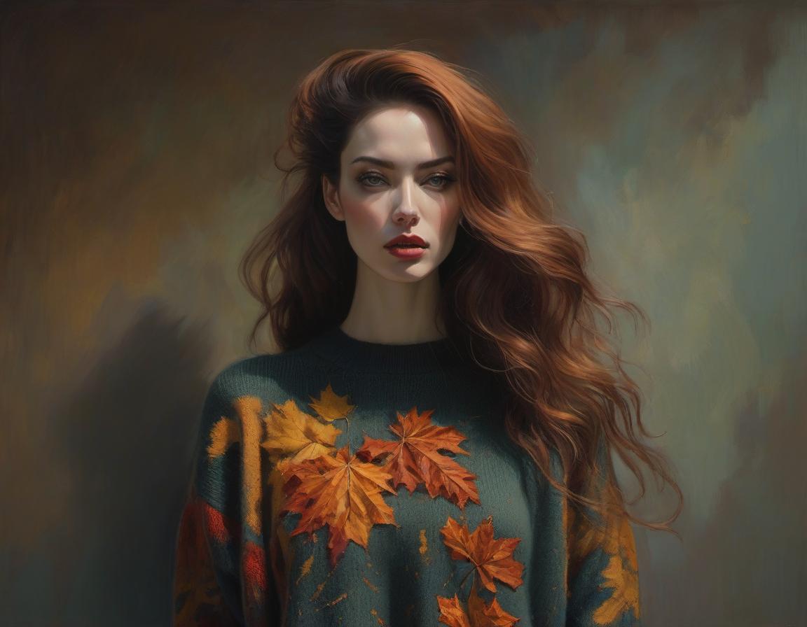  surrealist art Sweater . Oil painting by Malcolm Liepke. autumn colors, cozy oversized sweater, flowing hair, intricate details, rich textures, masterful use of light and shadow, contemporary art . dreamlike, mysterious, , symbolic, intricate, detailed hyperrealistic, full body, detailed clothing, highly detailed, cinematic lighting, stunningly beautiful, intricate, sharp focus, f/1. 8, 85mm, (centered image composition), (professionally color graded), ((bright soft diffused light)), volumetric fog, trending on instagram, trending on tumblr, HDR 4K, 8K