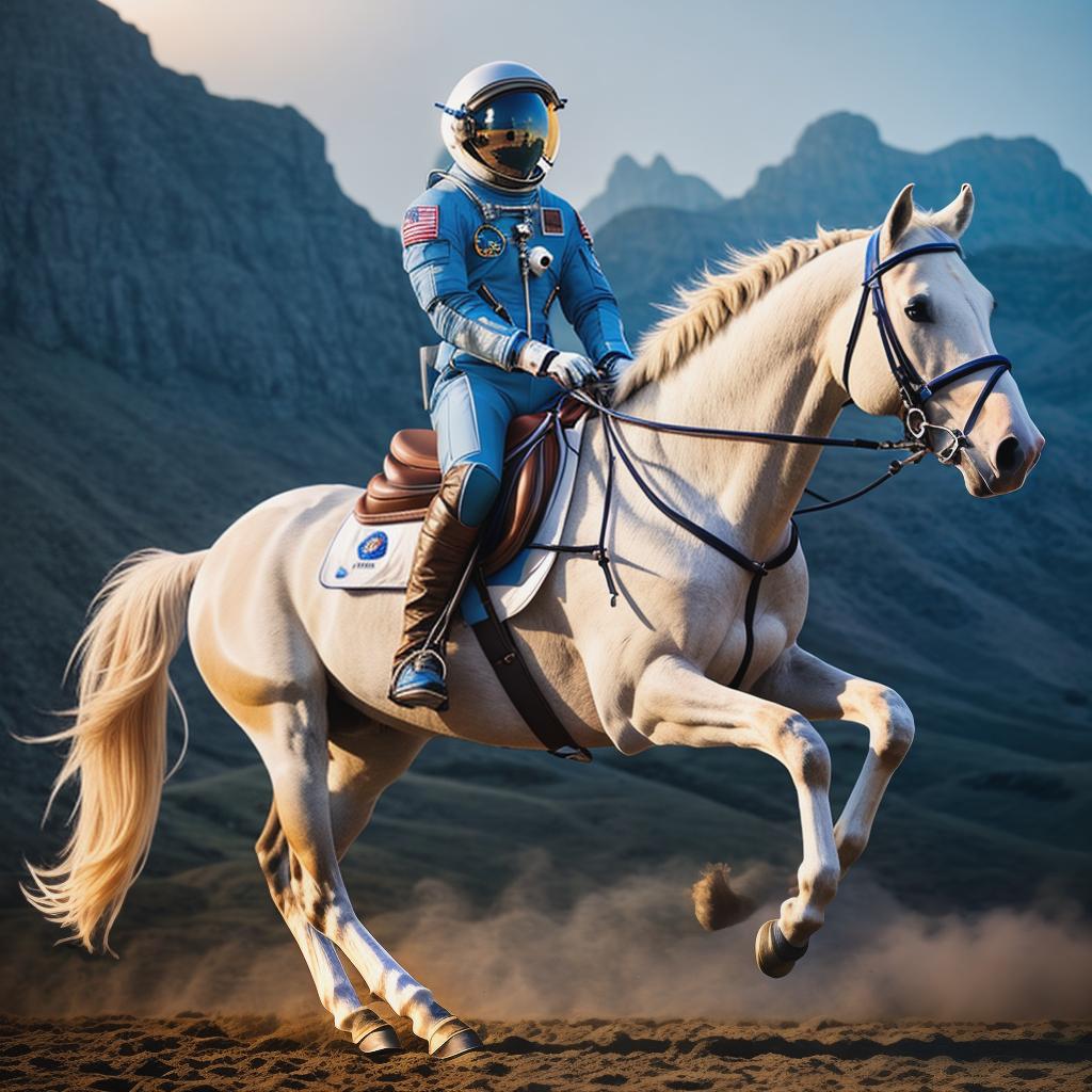  photograph of an astronaut riding a horse hyperrealistic, full body, detailed clothing, highly detailed, cinematic lighting, stunningly beautiful, intricate, sharp focus, f/1. 8, 85mm, (centered image composition), (professionally color graded), ((bright soft diffused light)), volumetric fog, trending on instagram, trending on tumblr, HDR 4K, 8K