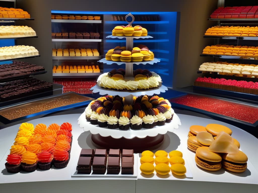  A visually striking image of a sleek, modern dessert display in a highend bakery, featuring an array of colorful and creatively presented sweets such as macarons, cupcakes, and chocolates. The display is impeccably organized with strategic lighting that highlights the textures and vibrant colors of the desserts, creating an alluring and enticing visual for customers. The image conveys a sense of elegance, sophistication, and creativity in dessert merchandising, perfectly complementing the tone and theme of the article on maximizing sales through creative merchandising strategies for desserts. hyperrealistic, full body, detailed clothing, highly detailed, cinematic lighting, stunningly beautiful, intricate, sharp focus, f/1. 8, 85mm, (centered image composition), (professionally color graded), ((bright soft diffused light)), volumetric fog, trending on instagram, trending on tumblr, HDR 4K, 8K