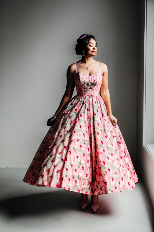  a professional product photo of ball gown dress with strawberry print on a hanger. heart-shaped neckline with pink corset. high quality clothes. studio lighting