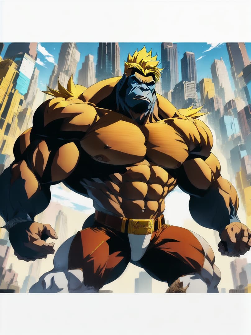  , anime-style illustration of a gorilla with extreme muscular development, in a dynamic pose that captures a 'roid rage'.,RAGE,menacing<lora:chad97qi:0.07655424501345531><lora:yellow-family:0.25172963598036135><lora:octoghibli:0.8723620831649697><lora:ae-t-pagepal:0.23817375049702716> hyperrealistic, full body, detailed clothing, highly detailed, cinematic lighting, stunningly beautiful, intricate, sharp focus, f/1. 8, 85mm, (centered image composition), (professionally color graded), ((bright soft diffused light)), volumetric fog, trending on instagram, trending on tumblr, HDR 4K, 8K