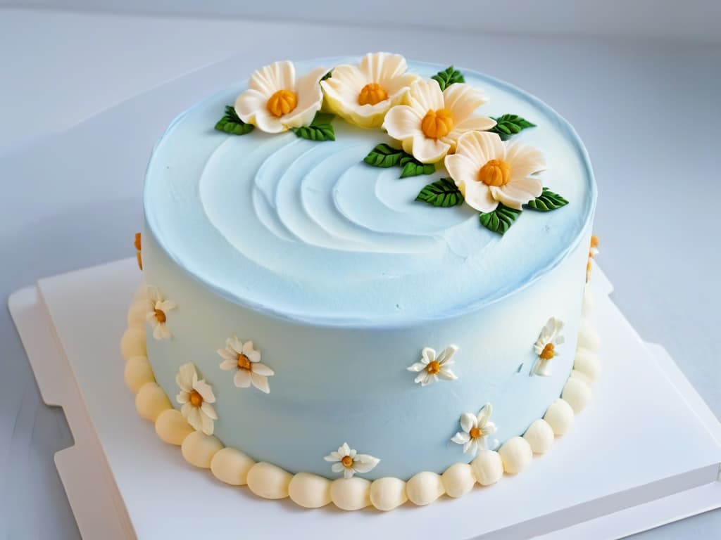  A closeup, ultradetailed image of a perfectly frosted cake with intricate piping details on top, showcasing the artistry and skill involved in pastry decoration. The frosting is smooth and flawless, with delicate floral designs and swirls in soft pastel colors, creating a visually stunning and appetizing centerpiece that exemplifies the importance of attention to detail and precision in pastry making. hyperrealistic, full body, detailed clothing, highly detailed, cinematic lighting, stunningly beautiful, intricate, sharp focus, f/1. 8, 85mm, (centered image composition), (professionally color graded), ((bright soft diffused light)), volumetric fog, trending on instagram, trending on tumblr, HDR 4K, 8K