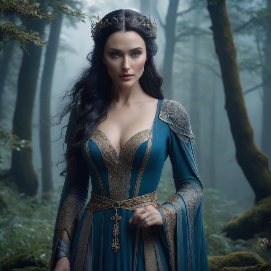  Luthien Tinuviel. hyperrealistic, full body, detailed clothing, highly detailed, cinematic lighting, stunningly beautiful, intricate, sharp focus, f/1. 8, 85mm, (centered image composition), (professionally color graded), ((bright soft diffused light)), volumetric fog, trending on instagram, trending on tumblr, HDR 4K, 8K