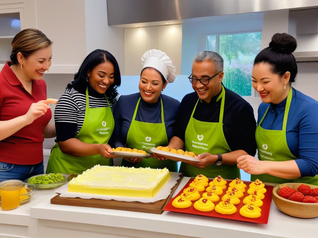  An ultradetailed photorealistic image of a diverse group of people, including individuals with hearing impairments, joyfully baking and decorating a variety of colorful and intricately designed pastries together in a bright and welcoming kitchen setting. The image captures the essence of unity, communication through sign language, and the shared love for the art of baking, with each person actively engaged in the baking process, exchanging smiles, and showcasing the beauty of their delicious creations. hyperrealistic, full body, detailed clothing, highly detailed, cinematic lighting, stunningly beautiful, intricate, sharp focus, f/1. 8, 85mm, (centered image composition), (professionally color graded), ((bright soft diffused light)), volumetric fog, trending on instagram, trending on tumblr, HDR 4K, 8K