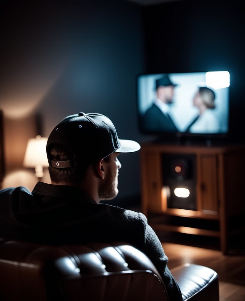  cinematic film still A maniac in a cap in a dark room on a chair watching TV on which interference. View from the back. There is a floor lamp next to the TV. . shallow depth of field, vignette, highly detailed, high budget, bokeh, cinemascope, moody, epic, gorgeous, film grain, grainy