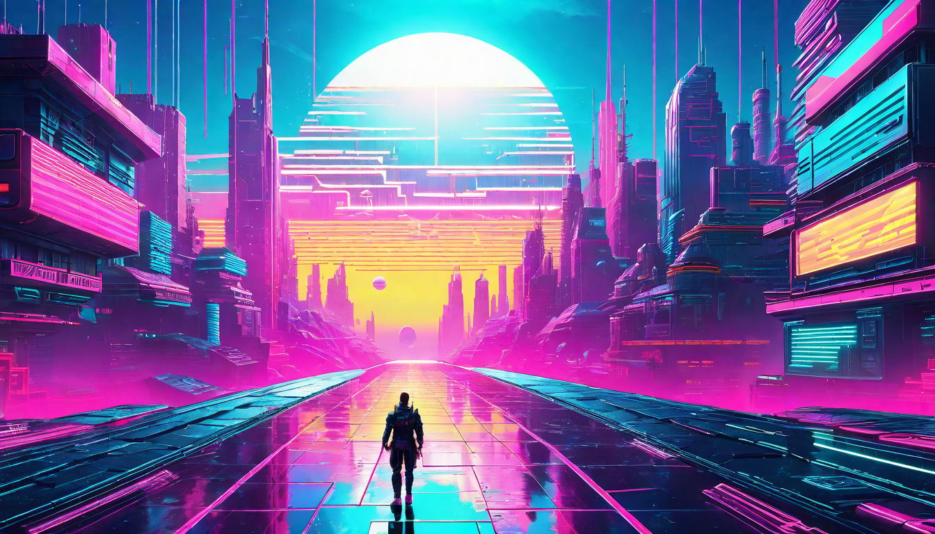  vaporwave,cyberpunk game style Leaping into the unknown, open arms, sunlit horizon, trusting heart, personal transformationeon, dystopian, futuristic, digital, vibrant, detailed, high contrast, reminiscent of cyberpunk genre video games,retro aesthetic, cyberpunk, vibrant, neon colors, vintage 80s and 90s style, highly detailed