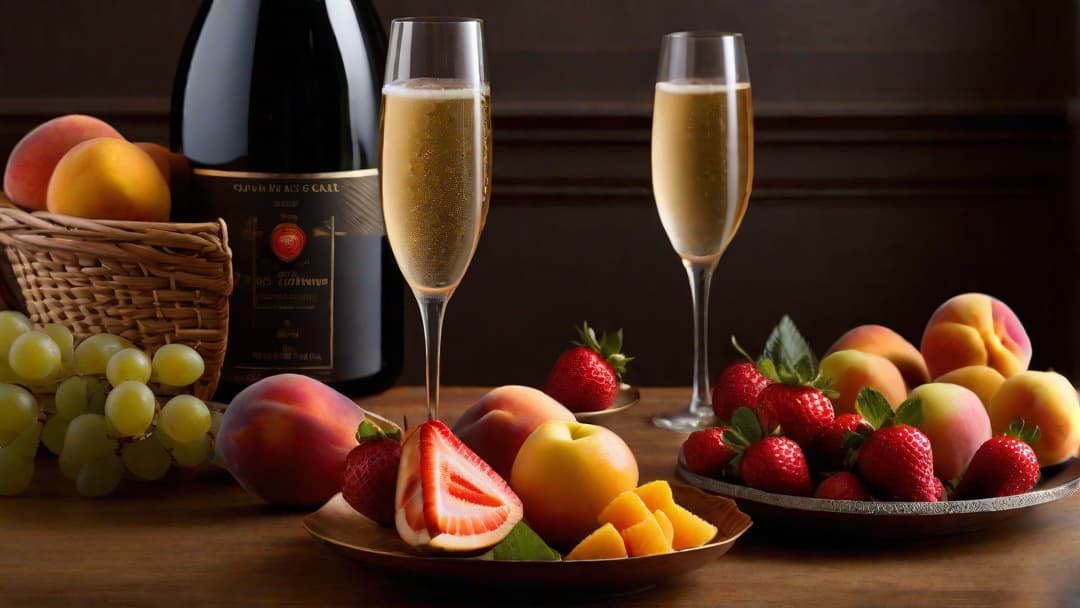  Create an image that showcases a perfect pairing of champagne with an assortment of fruits, such as juicy strawberries, succulent peaches, and refreshing citrus slices, to visually illustrate the article "What Fruit Goes with Champagne". hyperrealistic, full body, detailed clothing, highly detailed, cinematic lighting, stunningly beautiful, intricate, sharp focus, f/1. 8, 85mm, (centered image composition), (professionally color graded), ((bright soft diffused light)), volumetric fog, trending on instagram, trending on tumblr, HDR 4K, 8K