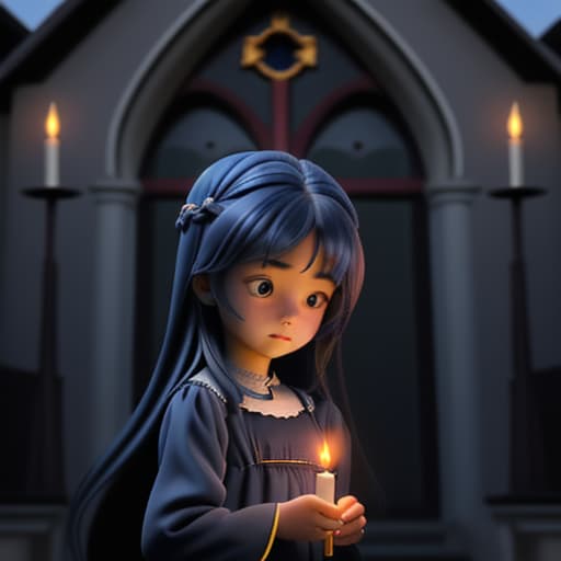  a little girl beside the church wearing a frock open long hair a candle in her hand dark blue colour