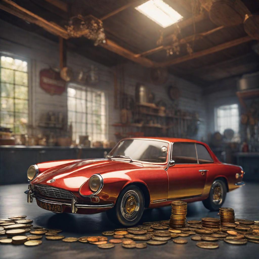  Car with coins around and inscription “garage tap” hyperrealistic, full body, detailed clothing, highly detailed, cinematic lighting, stunningly beautiful, intricate, sharp focus, f/1. 8, 85mm, (centered image composition), (professionally color graded), ((bright soft diffused light)), volumetric fog, trending on instagram, trending on tumblr, HDR 4K, 8K