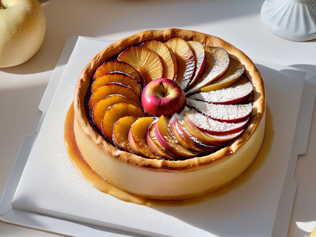  An ultradetailed, 8k resolution image of a goldenbrown Tarte Tatin fresh out of the oven, with a perfectly caramelized apple slices glistening under a light glaze, set on a rustic, minimalistic white plate. The intricate layers of buttery pastry and soft, caramelized apples are artfully arranged, with a subtle dusting of powdered sugar on top, creating a visually stunning and appetizing centerpiece. hyperrealistic, full body, detailed clothing, highly detailed, cinematic lighting, stunningly beautiful, intricate, sharp focus, f/1. 8, 85mm, (centered image composition), (professionally color graded), ((bright soft diffused light)), volumetric fog, trending on instagram, trending on tumblr, HDR 4K, 8K