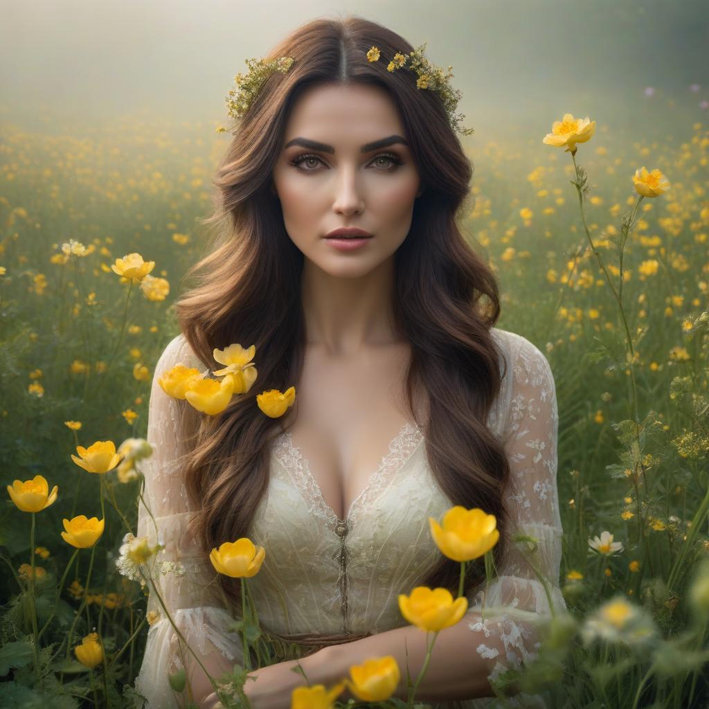  the buttercups have brought the flowers to the point hyperrealistic, full body, detailed clothing, highly detailed, cinematic lighting, stunningly beautiful, intricate, sharp focus, f/1. 8, 85mm, (centered image composition), (professionally color graded), ((bright soft diffused light)), volumetric fog, trending on instagram, trending on tumblr, HDR 4K, 8K