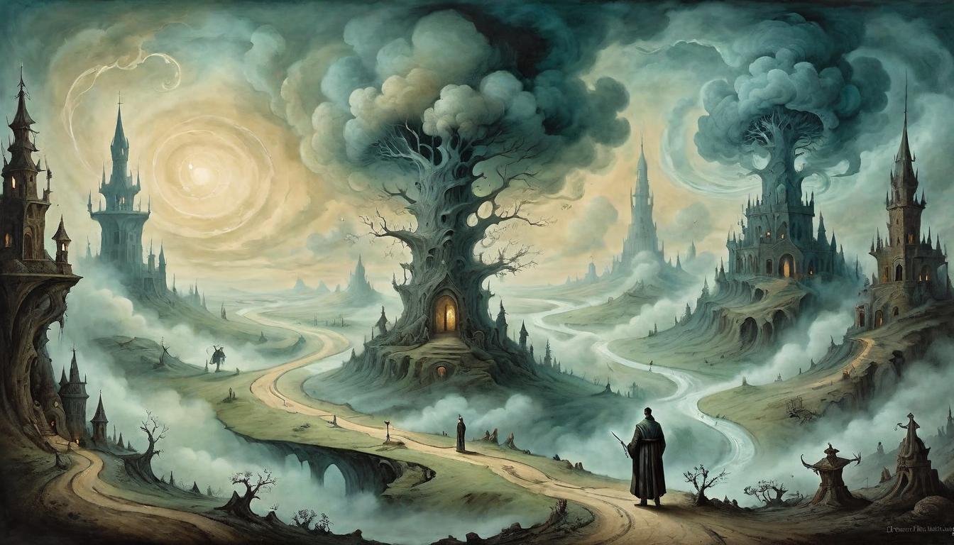  on parchment, surrealism+++, A single figure standing at the crossroads of multiple timelines, each path diverging into different realities, swirling mists and shadowy landscapes, ethereal and enigmatic(mysterious, provocative, symbolic,muted color)+++