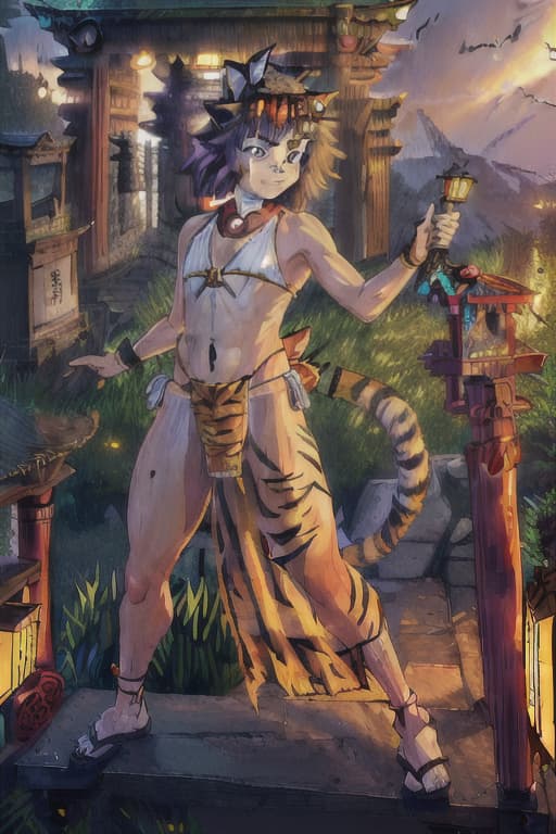  (Masterpiece, Best Quounty) 1.5, Absurd Detailed, Raw Photo Realistic, (Super Fine Shiny Face), 8k, ((Tiger-Stripes Kimono, Short Hem, Tiger Ears, Tiger Ears, Tiger, Tiger, Tiger. Girl, Cat Hand, Tiger Tail), Raw Photo Realistic shiny tiger-color hair, grin, &, ((loincloth, Fundoshi)), Look Back, Cat's Paw, Dynamic Pose, Shrine, ((((((), ((TWILIM), Shrine), Twilight Lighting), Put a shit on your head)))