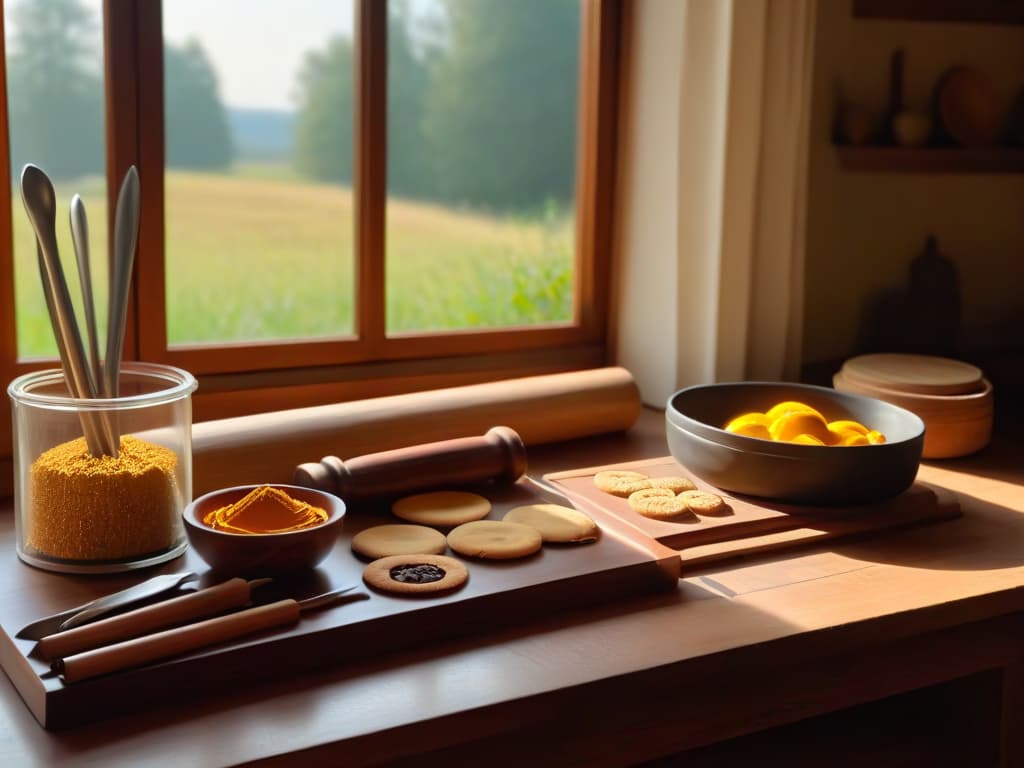  A highresolution, minimalist image of a serene kitchen setting with a rustic wooden table adorned with traditional baking tools like rolling pins, mixing bowls, and cookie cutters. The warm glow of sunlight filters through a small window, casting soft shadows on the table, creating a cozy and inviting atmosphere perfect for a traditional baking retreat. hyperrealistic, full body, detailed clothing, highly detailed, cinematic lighting, stunningly beautiful, intricate, sharp focus, f/1. 8, 85mm, (centered image composition), (professionally color graded), ((bright soft diffused light)), volumetric fog, trending on instagram, trending on tumblr, HDR 4K, 8K