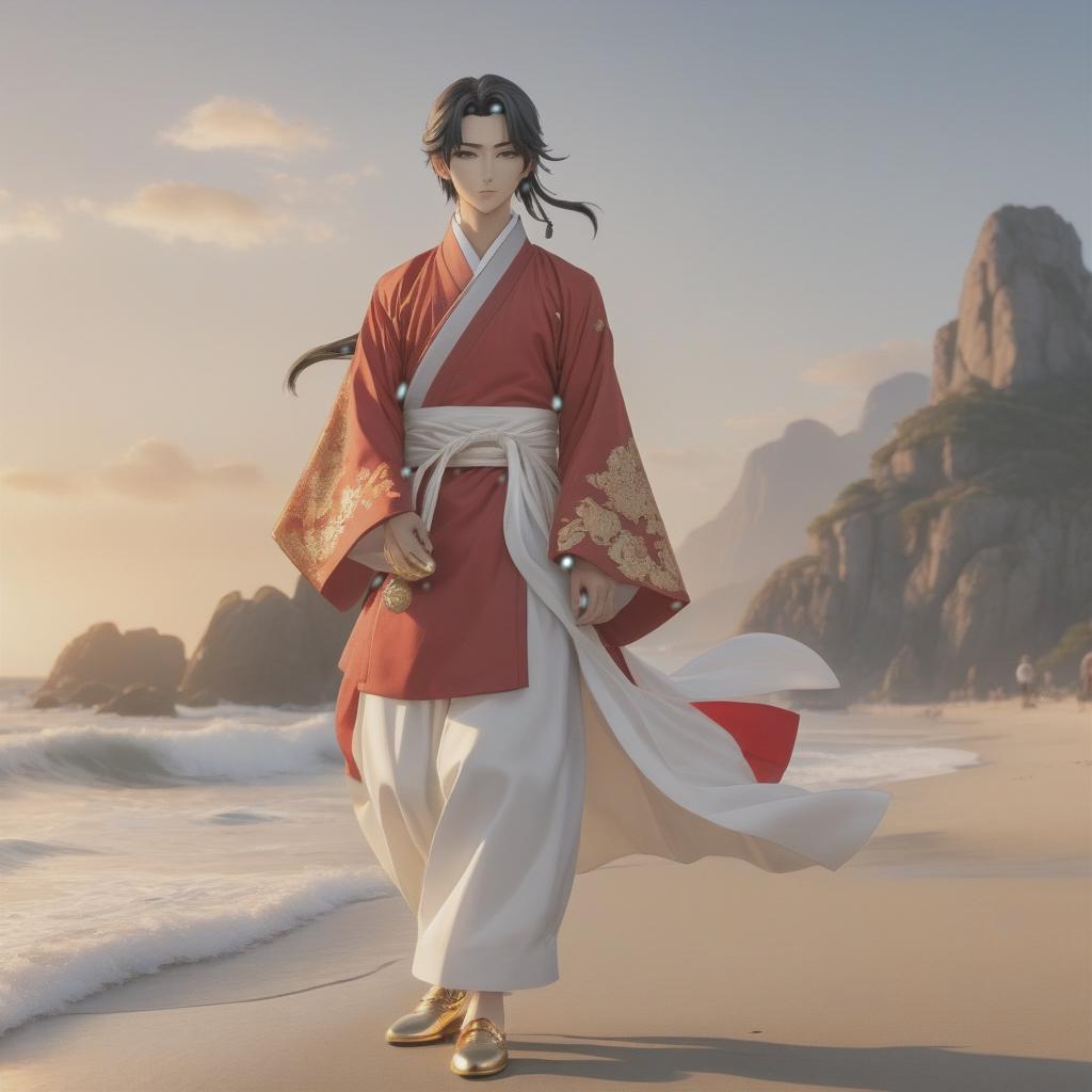  anime artwork A short young man in a red hanbok with a golden pattern and wearing white leather shoes. He has black long hair tied into a ponytail, gray eyes, a round face, pale skin, and two legs. He holds a white mask in his hands and is standing on the beach at sunset. . anime style, key visual, vibrant, studio anime, highly detailed hyperrealistic, full body, detailed clothing, highly detailed, cinematic lighting, stunningly beautiful, intricate, sharp focus, f/1. 8, 85mm, (centered image composition), (professionally color graded), ((bright soft diffused light)), volumetric fog, trending on instagram, trending on tumblr, HDR 4K, 8K